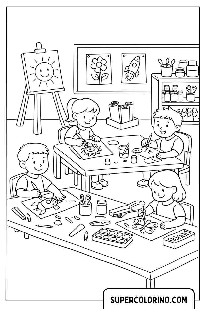 Coloriage d'enfants créant de l'art en classe