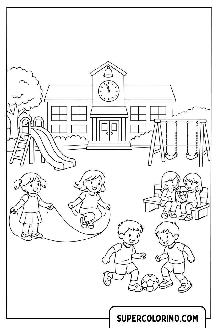 Coloriage d'enfants jouant au football et à la corde à sauter
