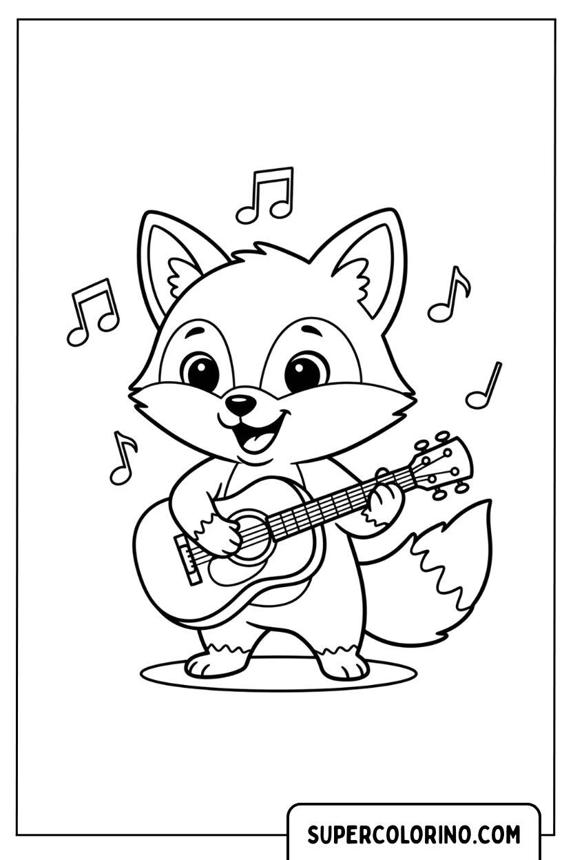 Ausmalbild: Fuchsmusiker, der Gitarre spielt