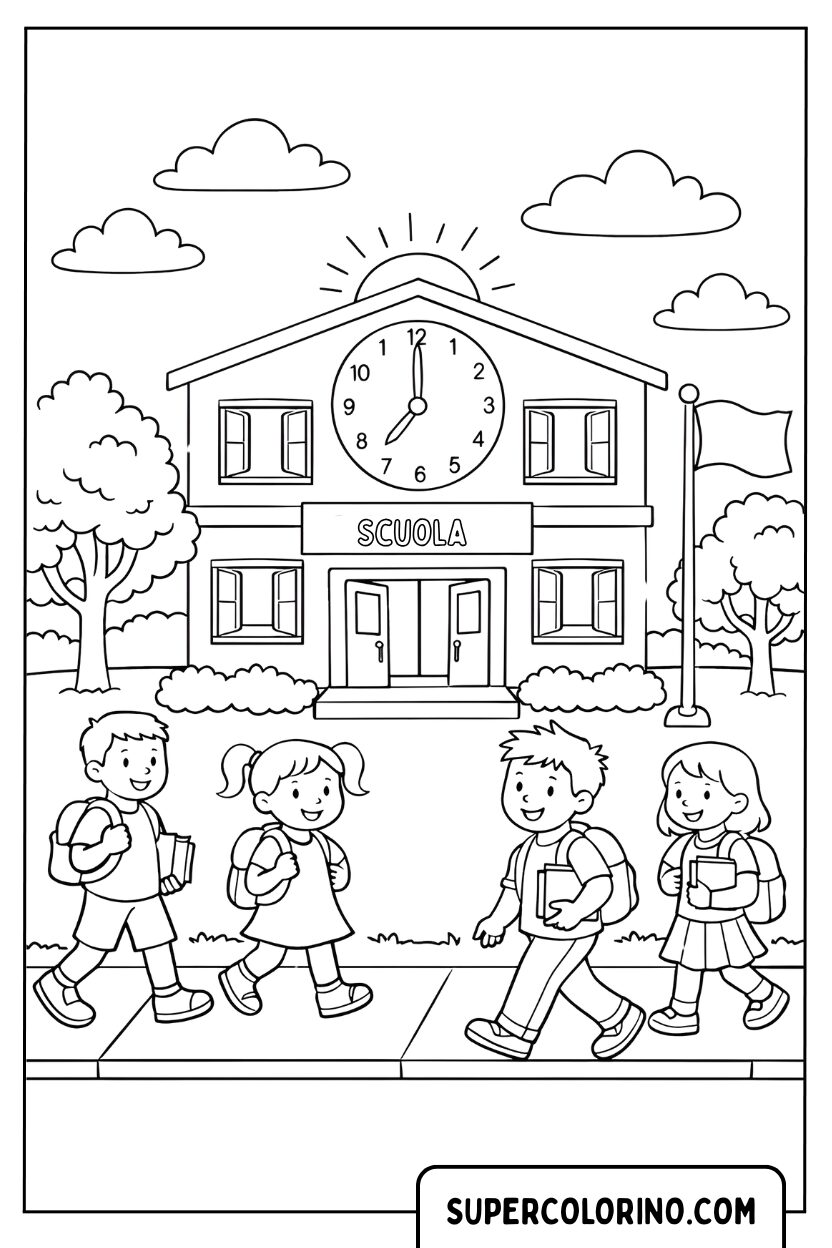 Coloriage d'écoliers marchant devant l'école