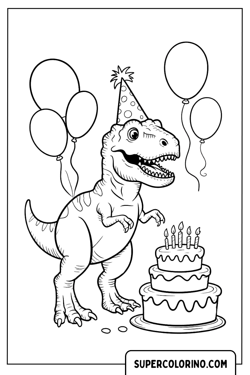 Malvorlage eines T-Rex auf seiner Geburtstagsparty