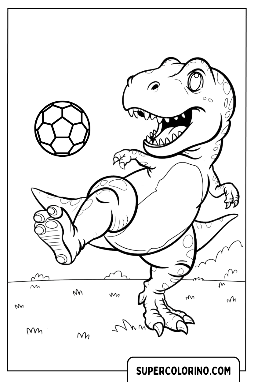 Malvorlage eines Fußballers T-Rex, der Fußball spielt