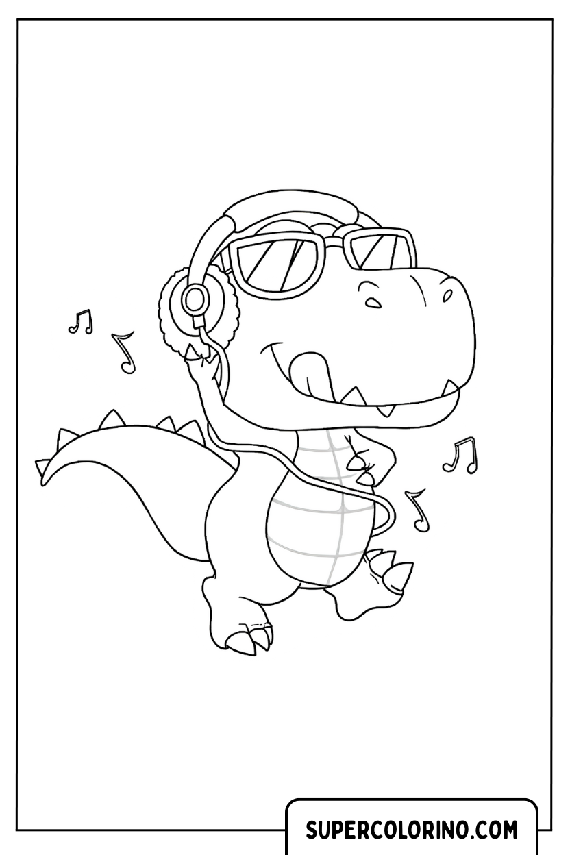 Malvorlage eines T-Rex, der mit Kopfhörern Musik hört