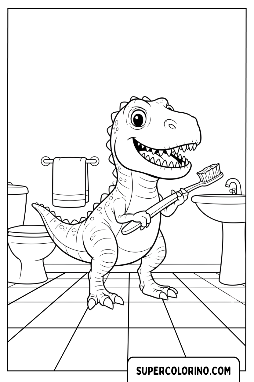 Malvorlage eines T-Rex, der sich im Badezimmer die Zähne putzt