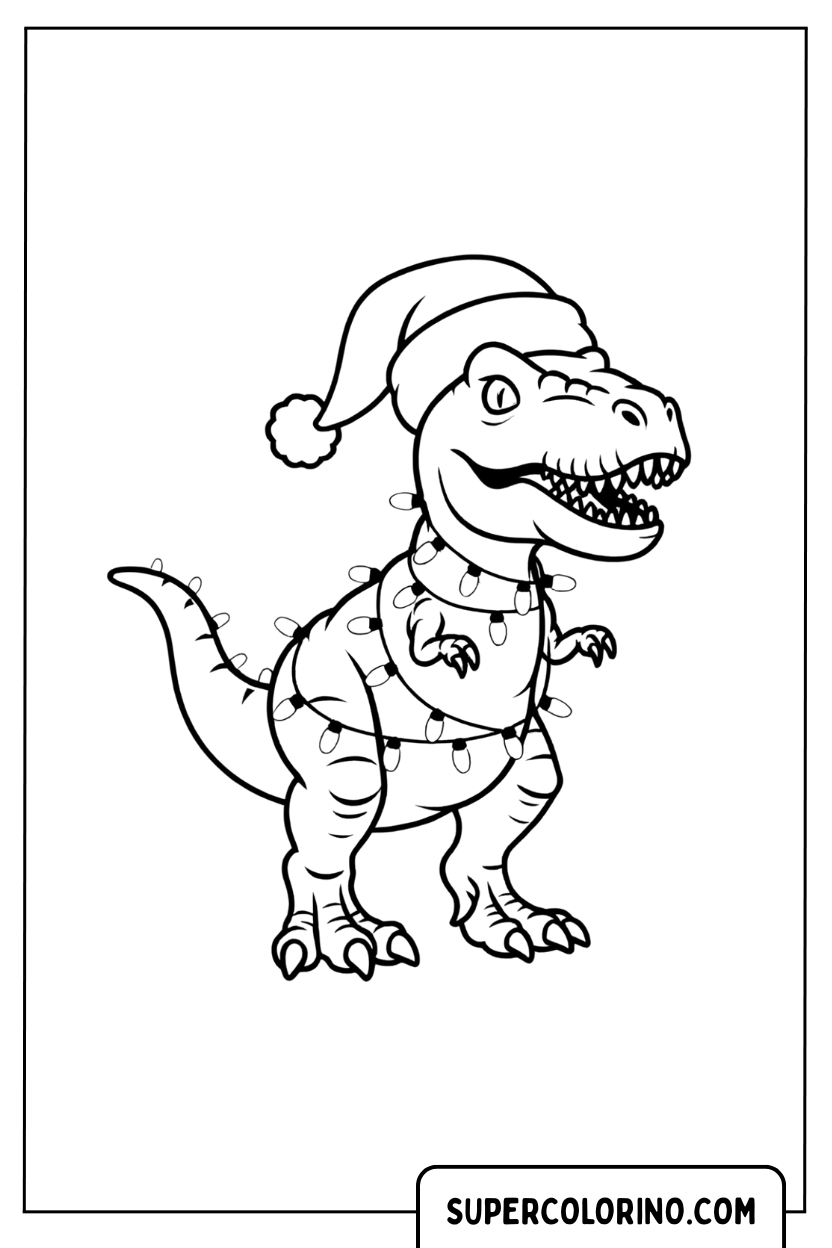 Malvorlage eines Weihnachts-T-Rex mit Lichtern und Hut