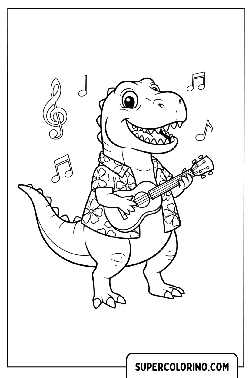 Malvorlage eines T-Rex im Urlaub, der Ukulele spielt