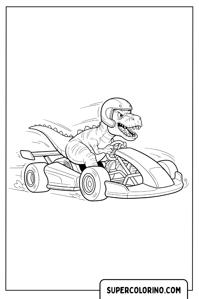 Malvorlage eines T-Rex-Fahrers auf einem Go-Kart