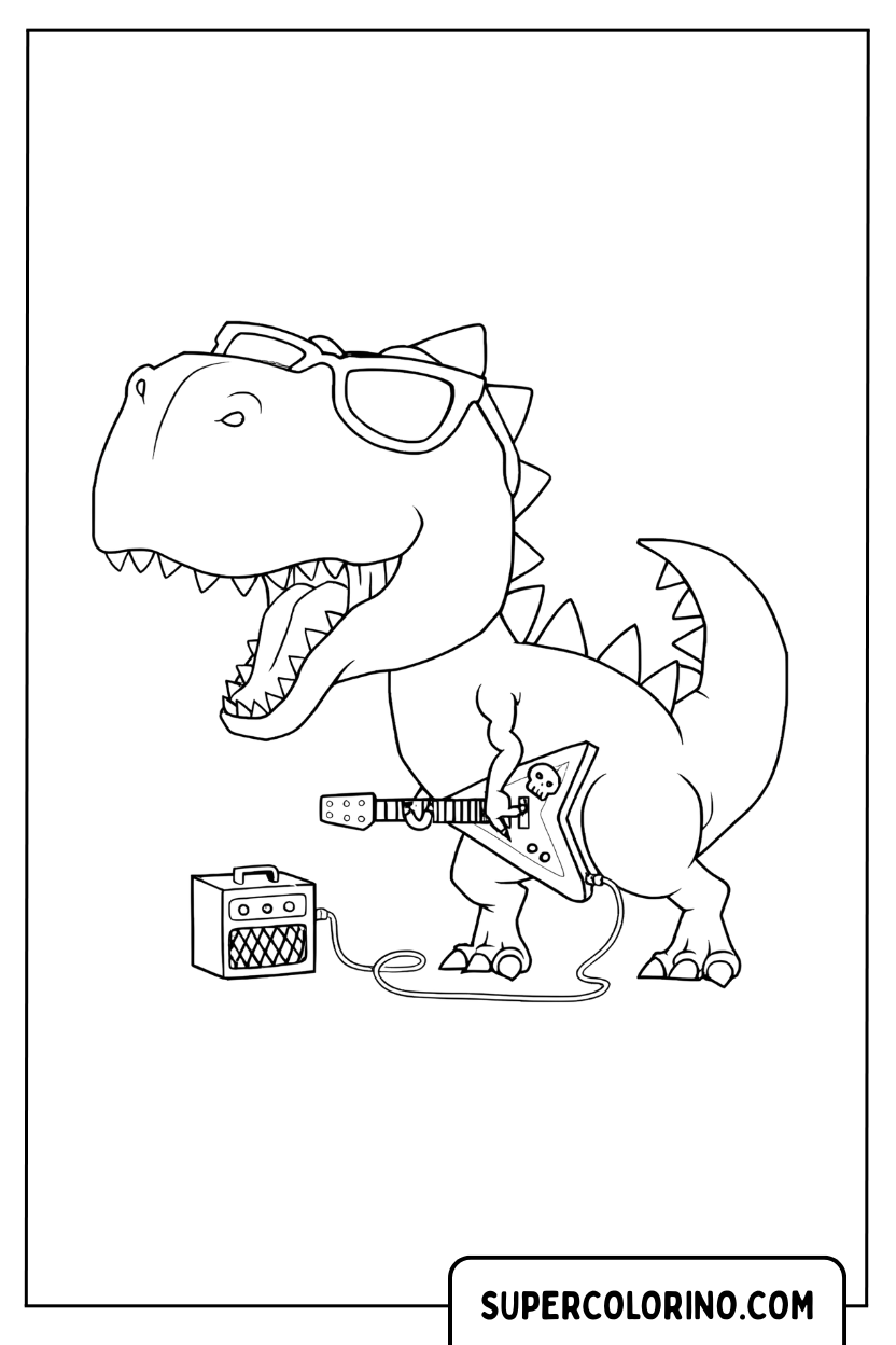 Malvorlage eines Rockstars T-Rex mit E-Gitarre