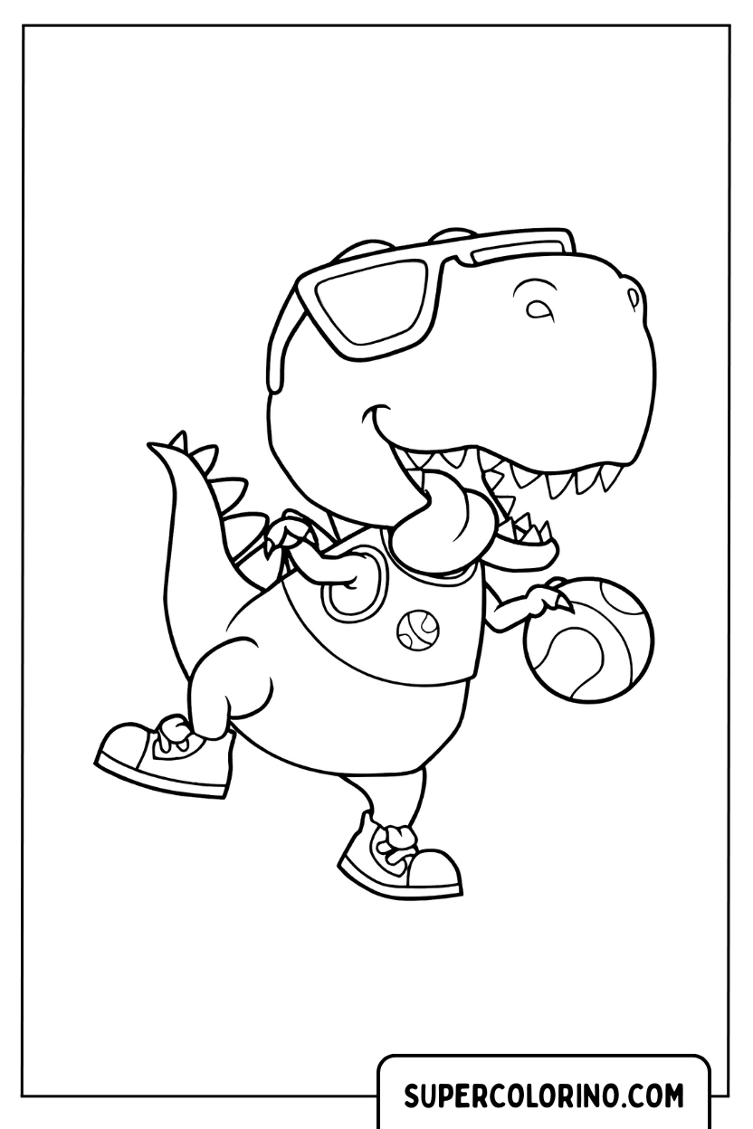 Malvorlage eines sportlichen T-Rex mit Basketball