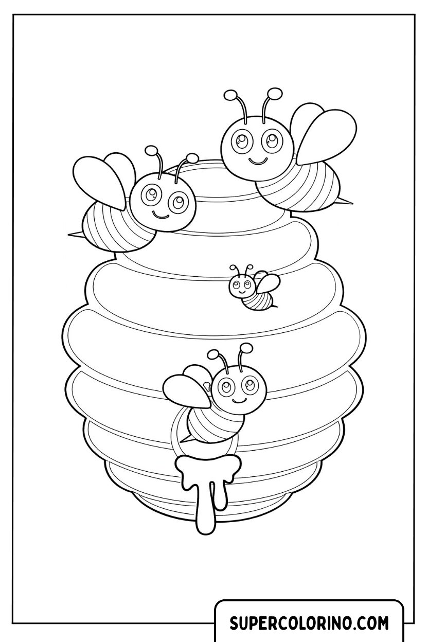 Disegno di un alveare affollato con piccole api da colorare