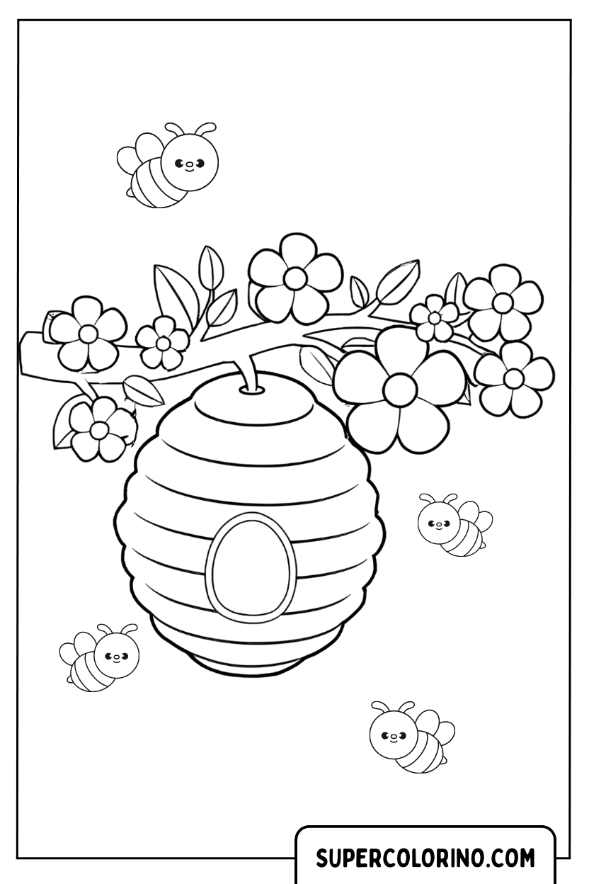 Disegno di un alveare appeso a un ramo fiorito da colorare