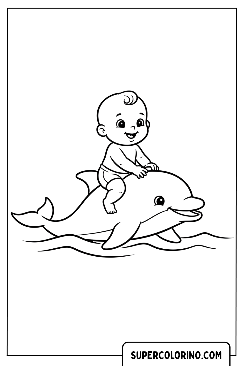 Malvorlage eines Kindes, das auf einem Delfin reitet