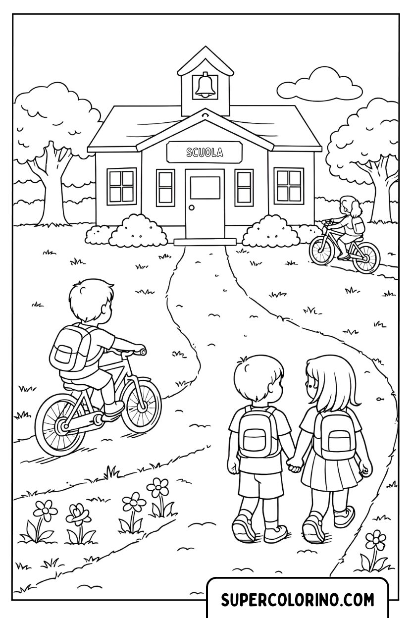 Coloriage d'un enfant qui va à l'école à vélo