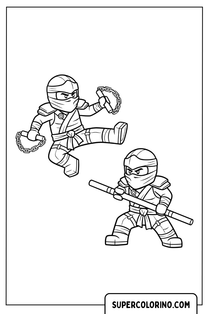 Coloriage d'un ninja combattant avec des nunchucks