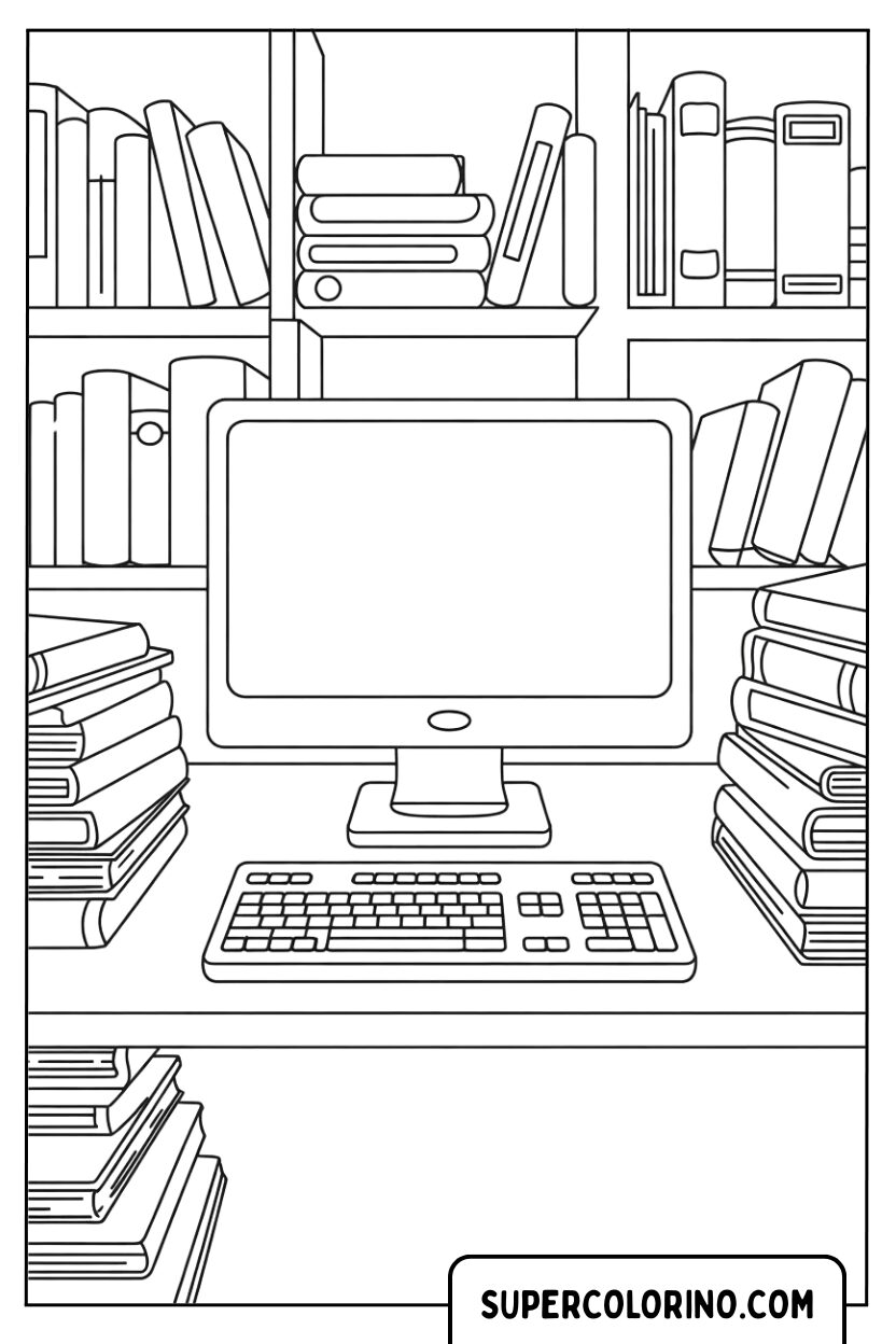 Coloriage d'un ordinateur dans une grande bibliothèque