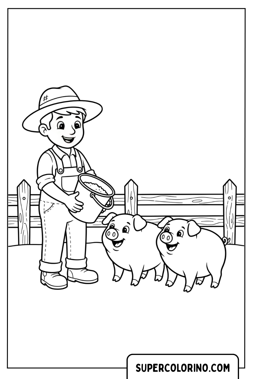 Malvorlage eines Bauern, der Ferkel füttert