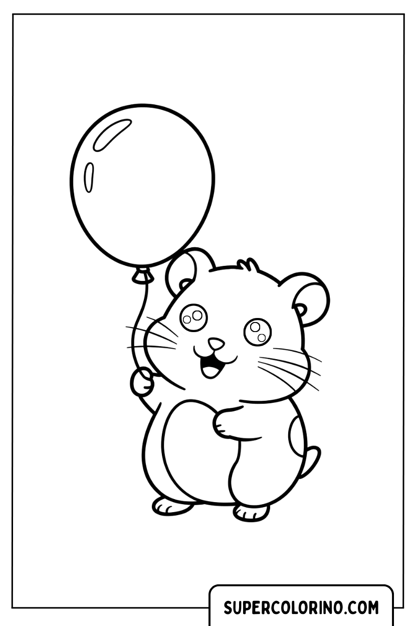 Malvorlage eines glücklichen Hamsters mit Luftballon