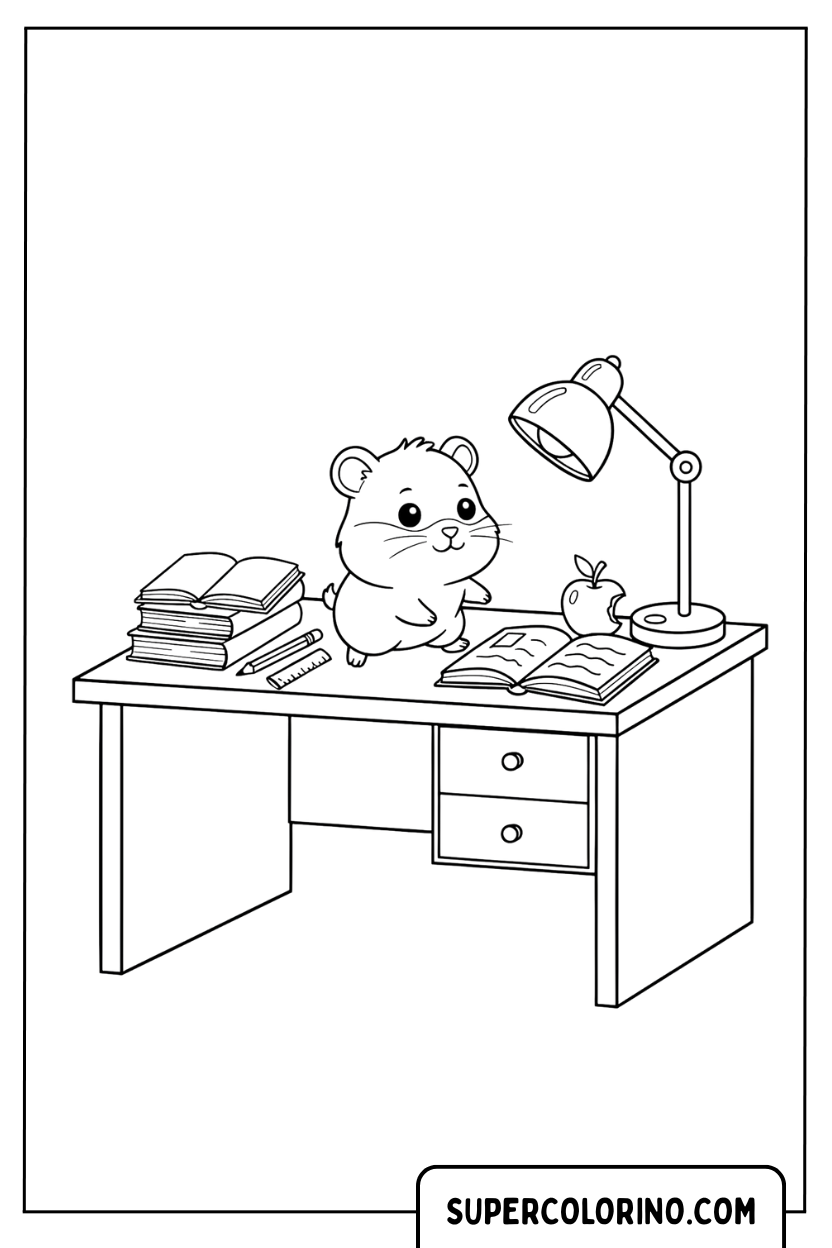 Malvorlage eines fleißigen Hamsters am Schreibtisch