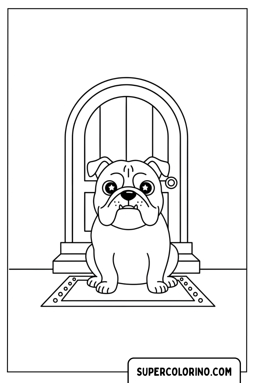 Malvorlage eines Bulldoggenwelpen an der Tür