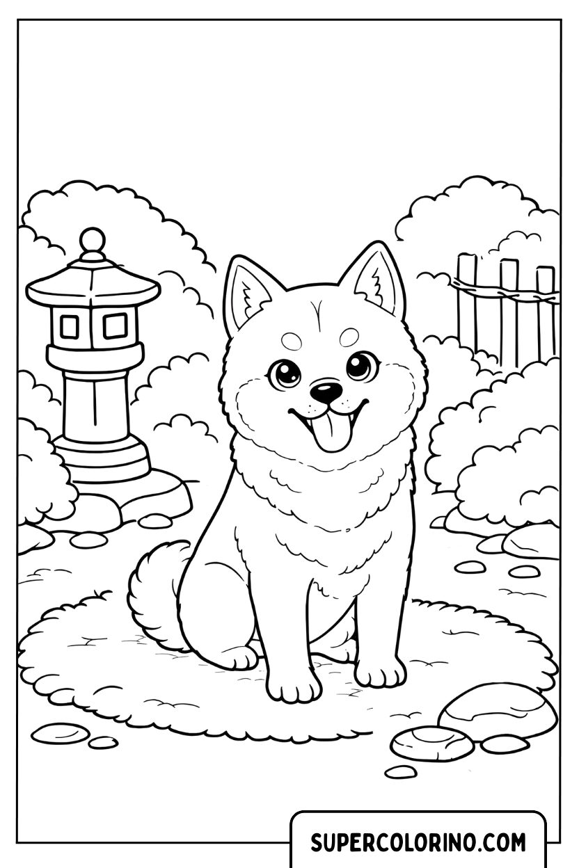 Malvorlage eines Shiba Inu-Welpen im Garten