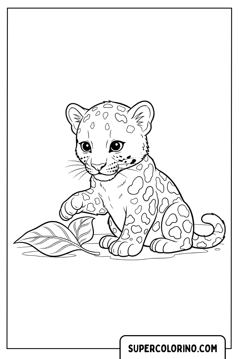 Coloriage d'un petit guépard curieux avec une feuille