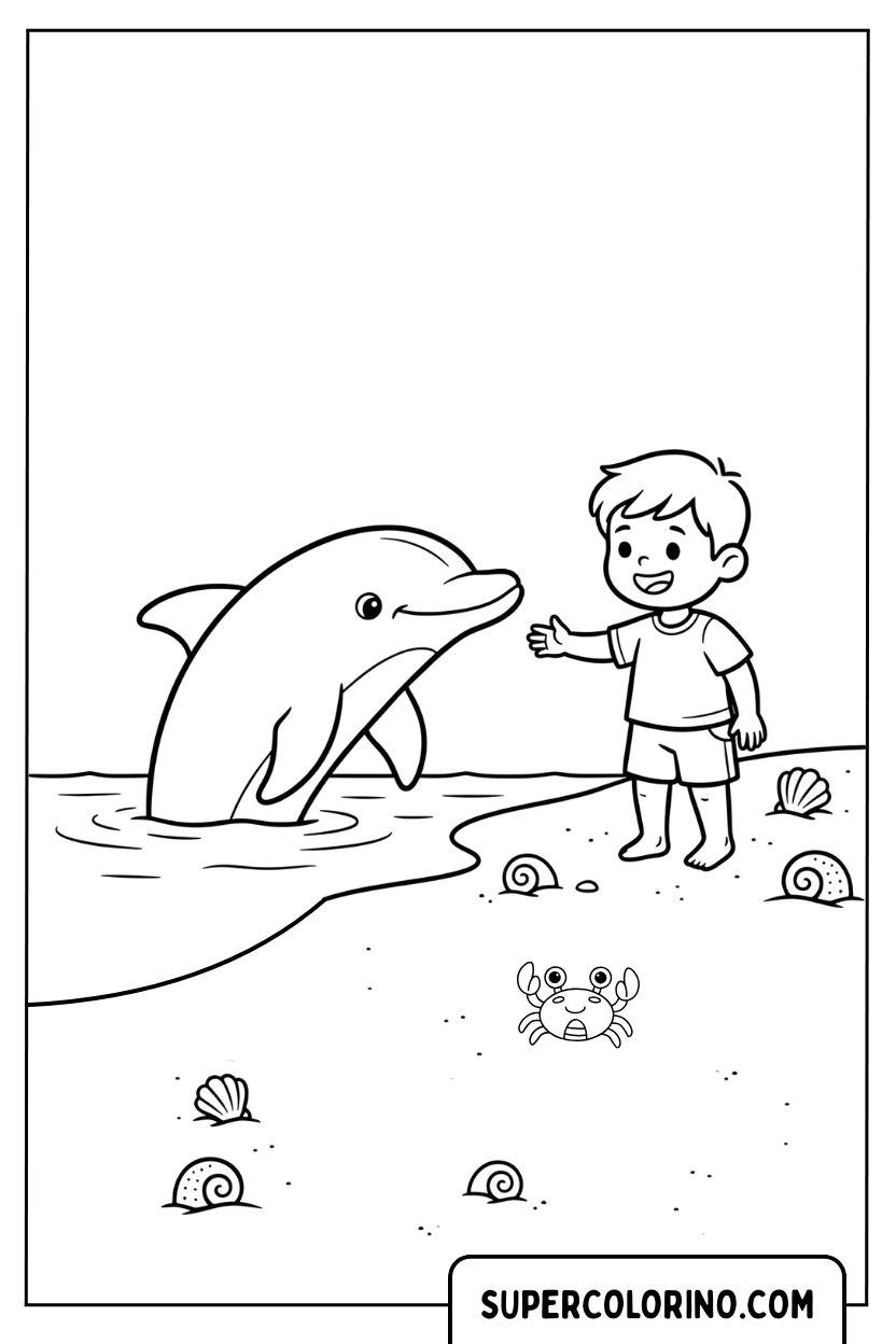Malvorlage eines Delfins, der ein Kind am Strand trifft