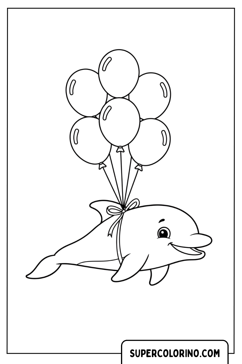 Malvorlage eines Delfins mit Luftballons