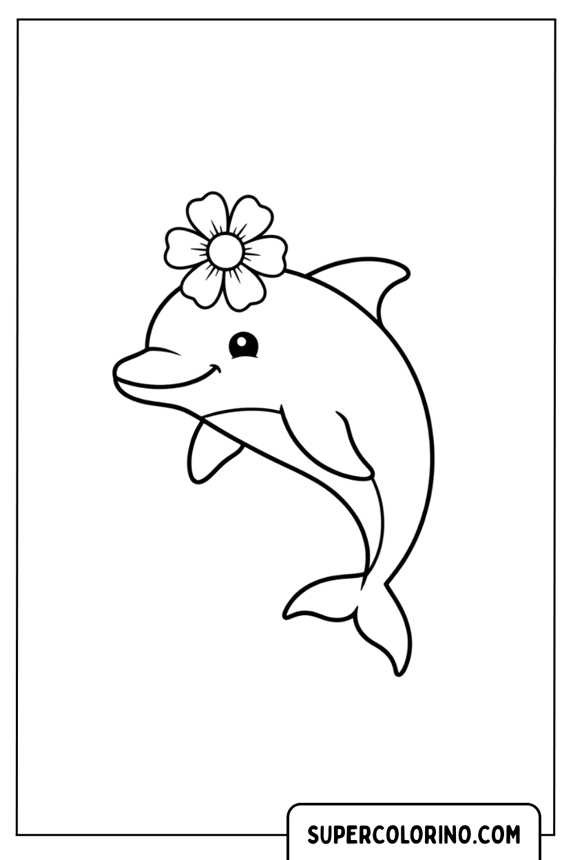 Malvorlage eines Delfins mit einer Blume auf dem Kopf