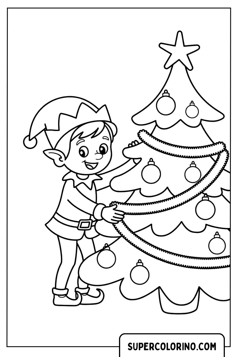 Malvorlage eines Elfen, der den Weihnachtsbaum schmückt