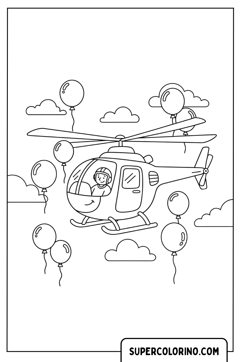Malvorlage eines Hubschraubers mit Luftballons