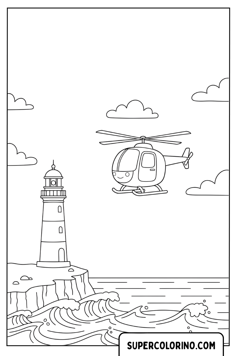 Malvorlage eines Hubschraubers über dem Leuchtturm