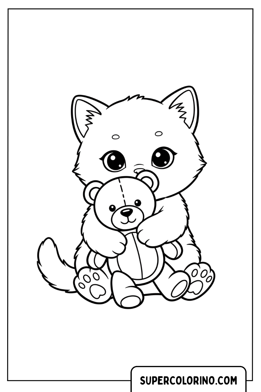 Malvorlage eines Kätzchens mit einem Teddybären