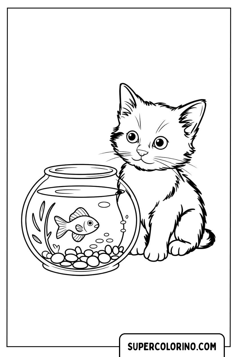 Malvorlage eines Kätzchens mit Aquarium