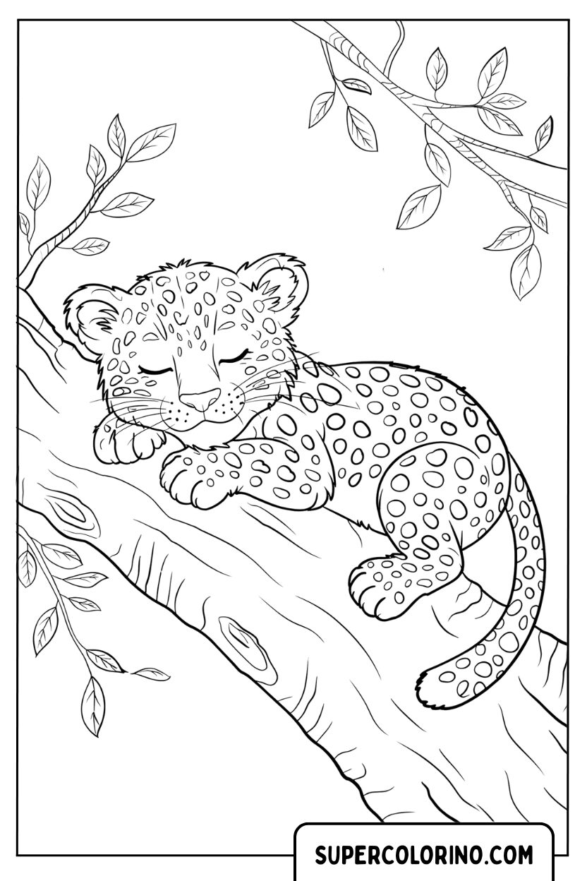 Coloriage d'un guépard dormant sur l'arbre