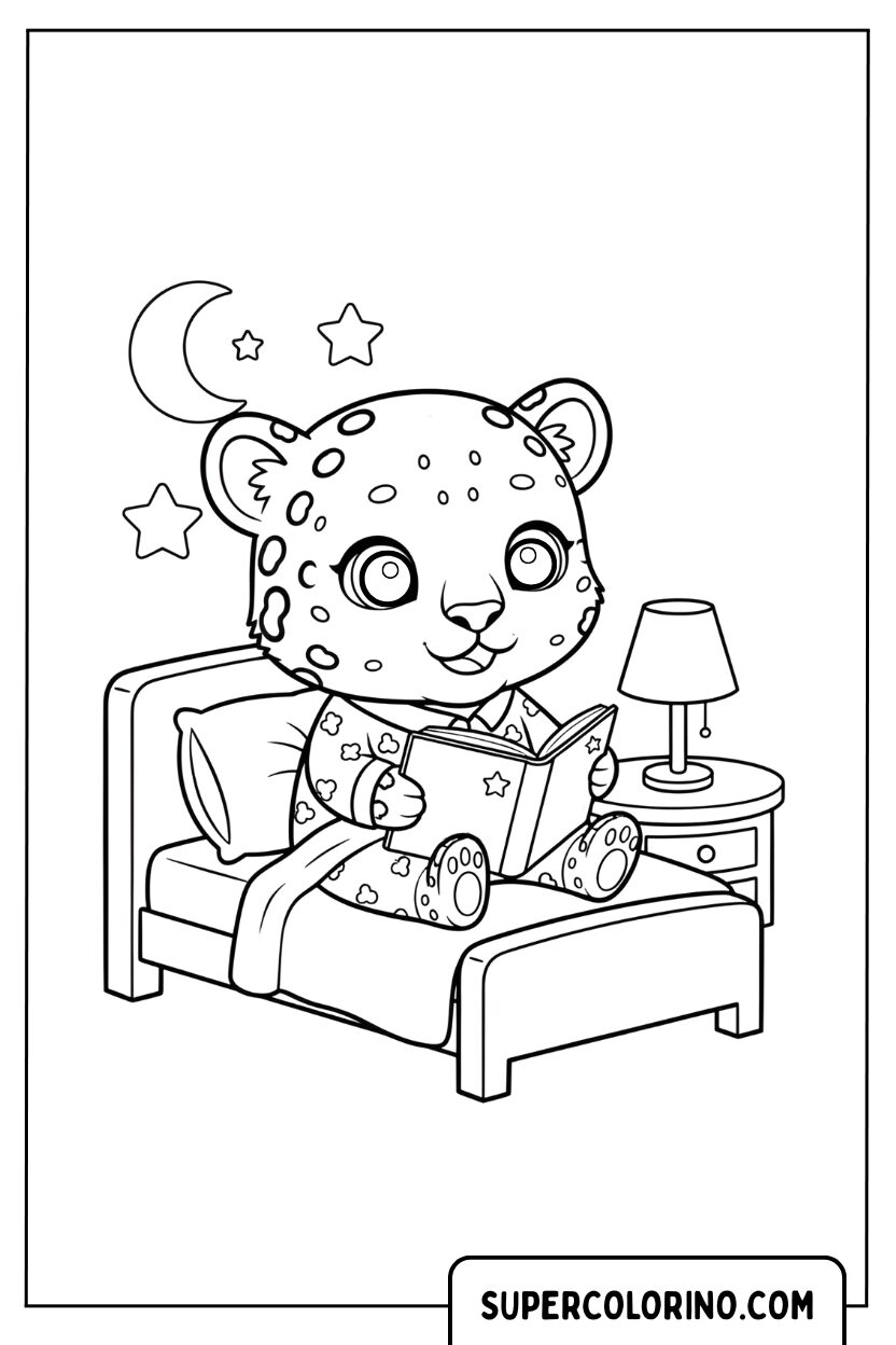 Coloriage d'un guépard lisant une histoire au coucher