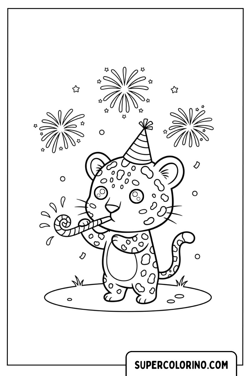 Dessin d'un guépard célébrant avec des feux d'artifice d