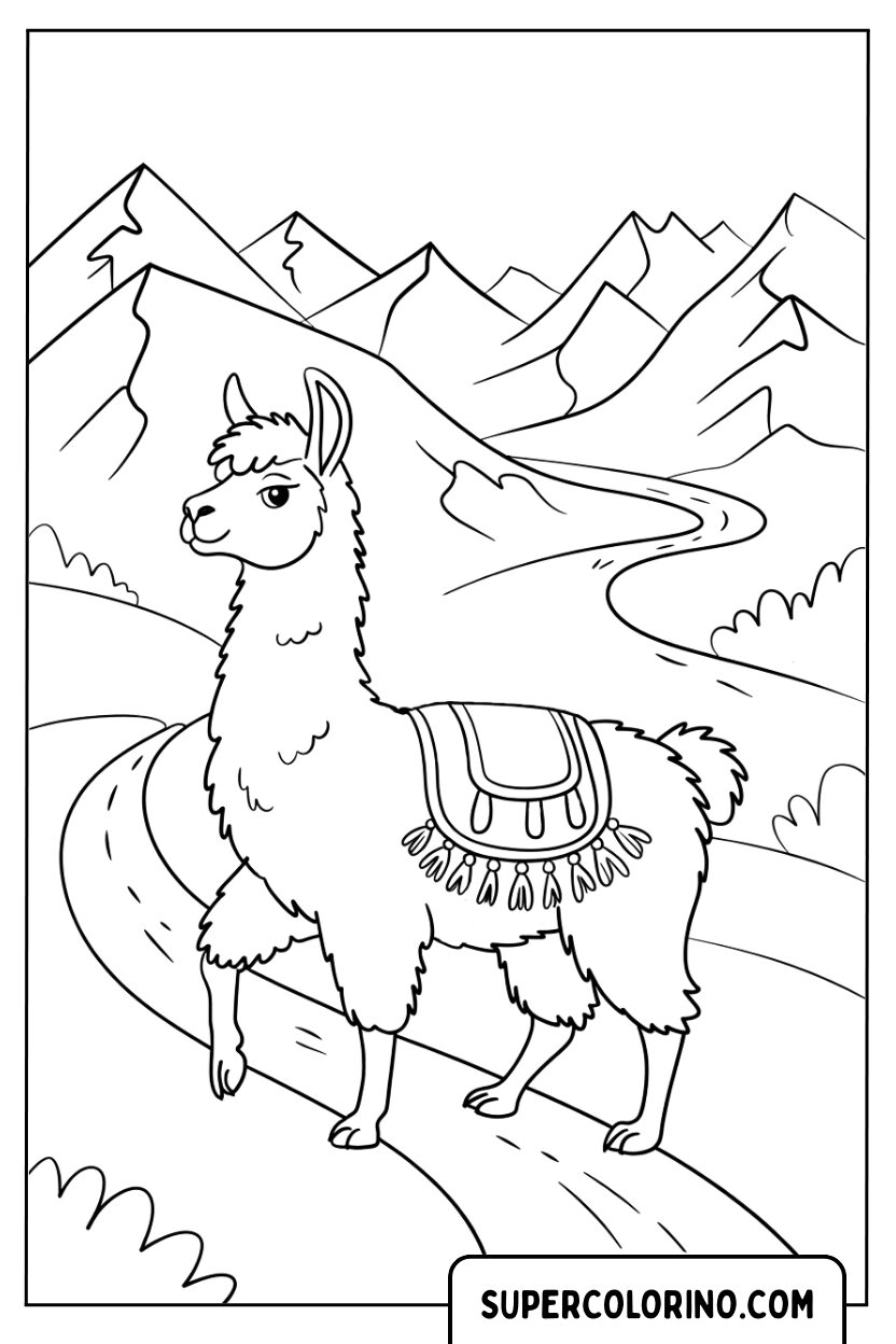Kleurplaat van een lama in de bergen