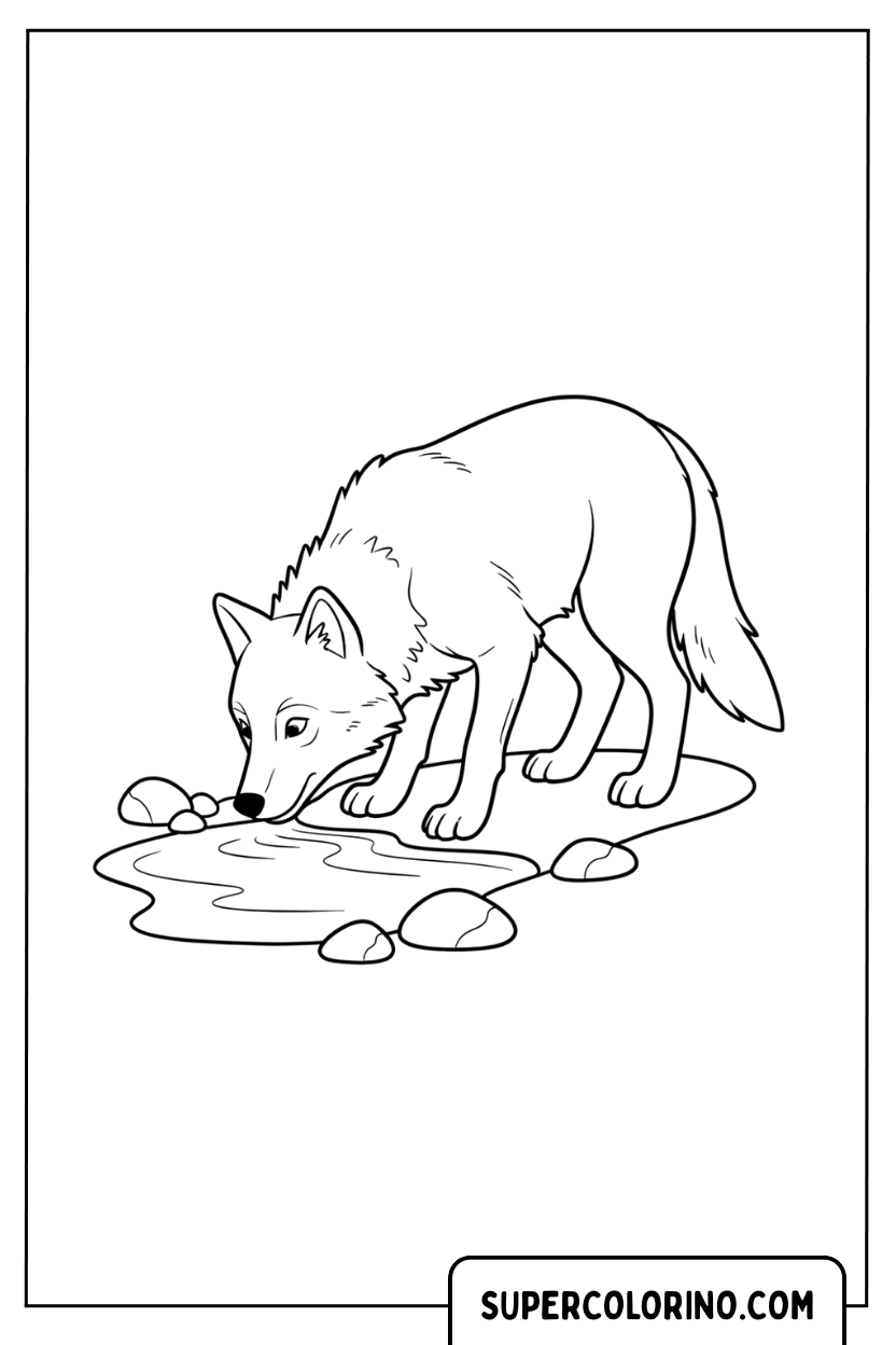 Malvorlage eines Wolfes, der aus einer Pfütze trinkt