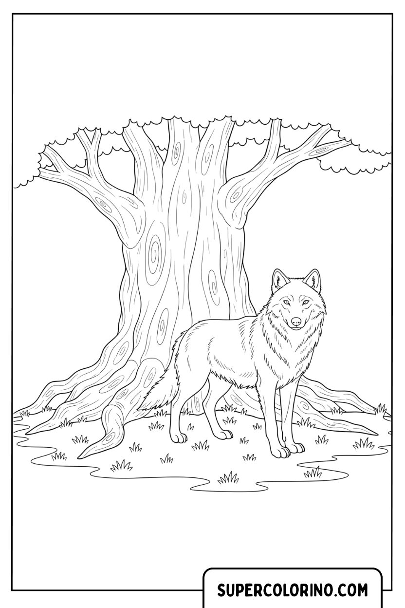 Malvorlage eines Wolfes vor einem großen Baum