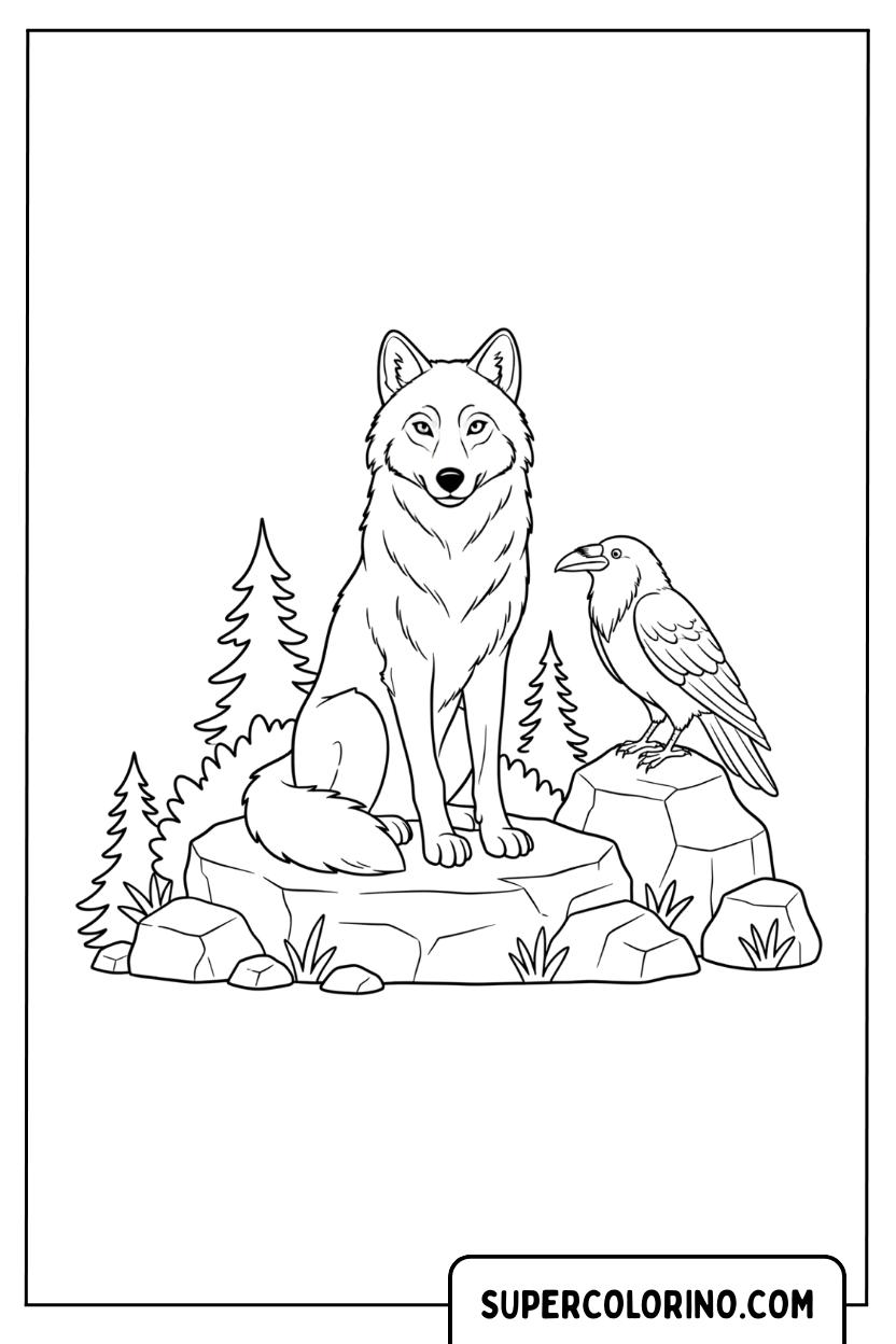 Malvorlage eines Wolfes und einer Krähe auf dem Felsen