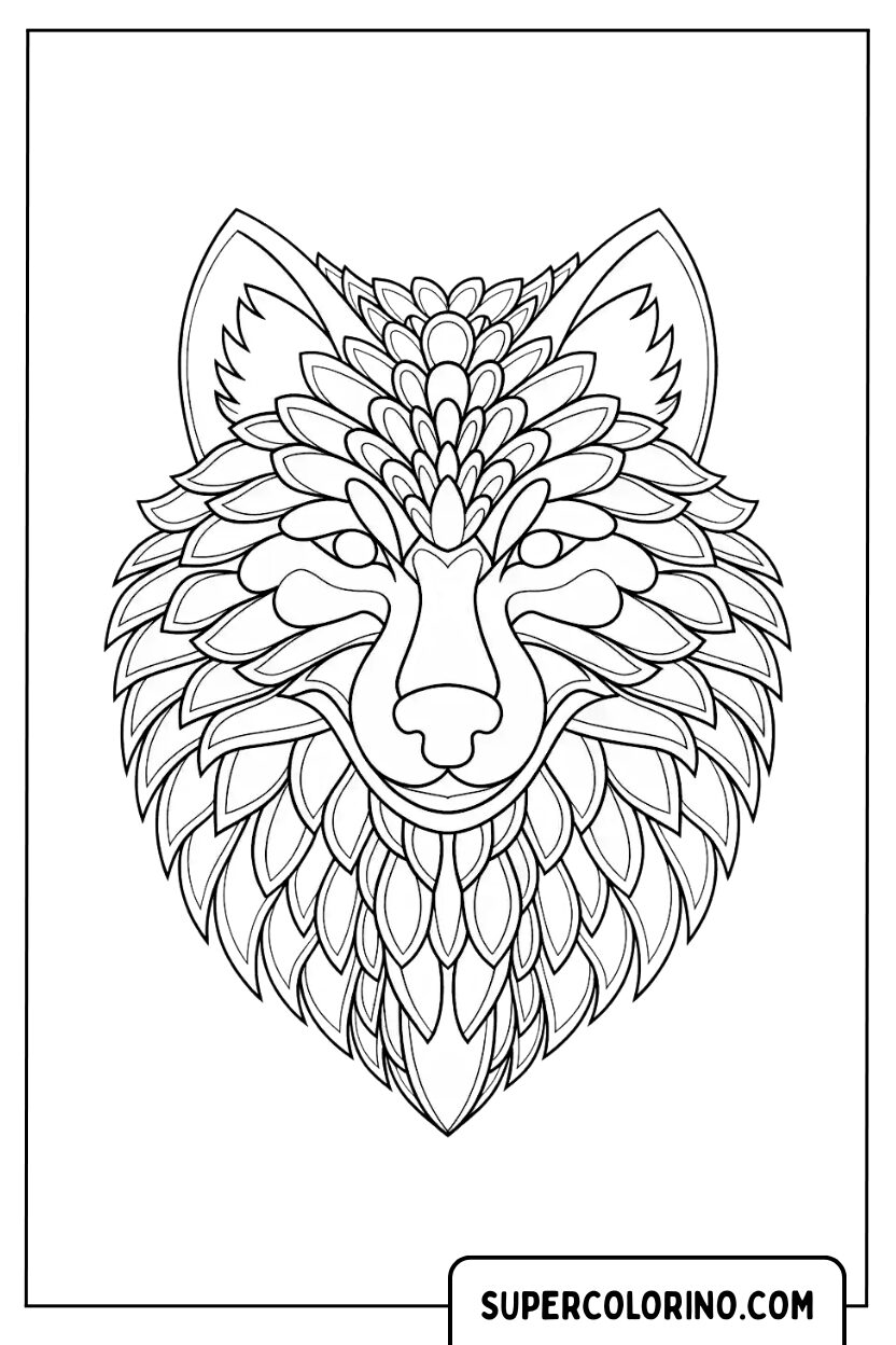 Wolf kleurplaat in Mandala-stijl