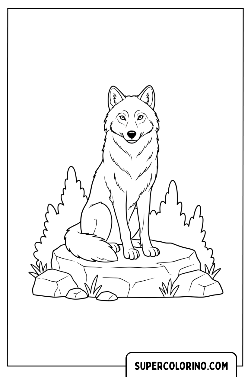 Malvorlage eines Wolfes, der auf einem flachen Felsen sitzt