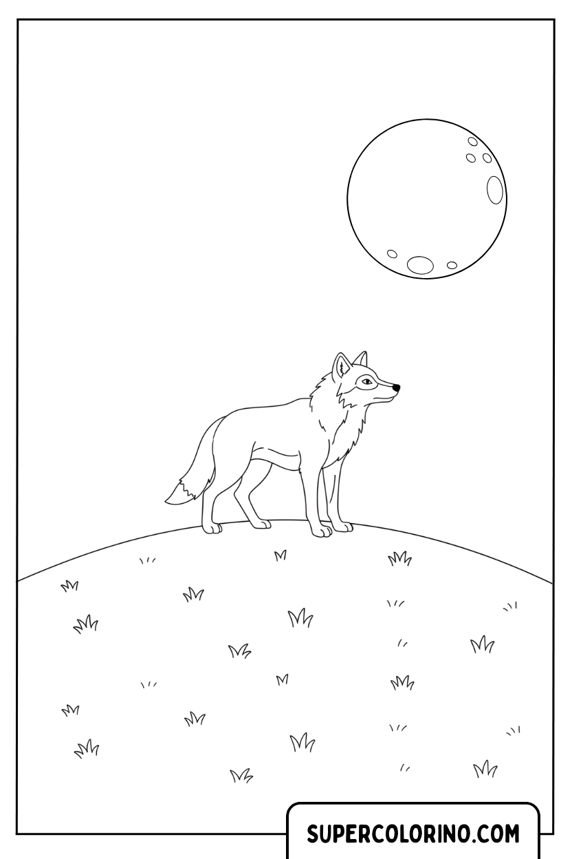 Malvorlage eines Wolfes auf dem Hügel unter dem Mond