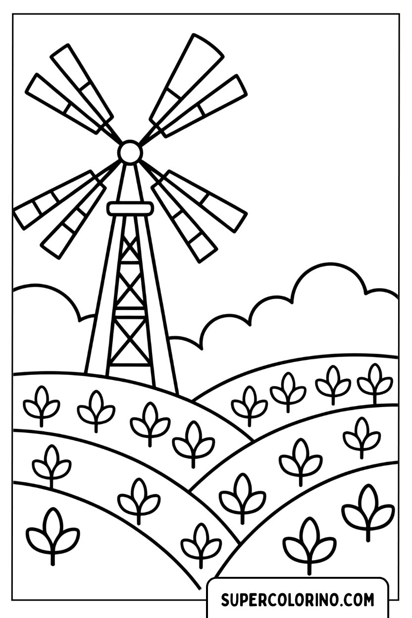 Malvorlage einer Windmühle in einem bebauten Feld