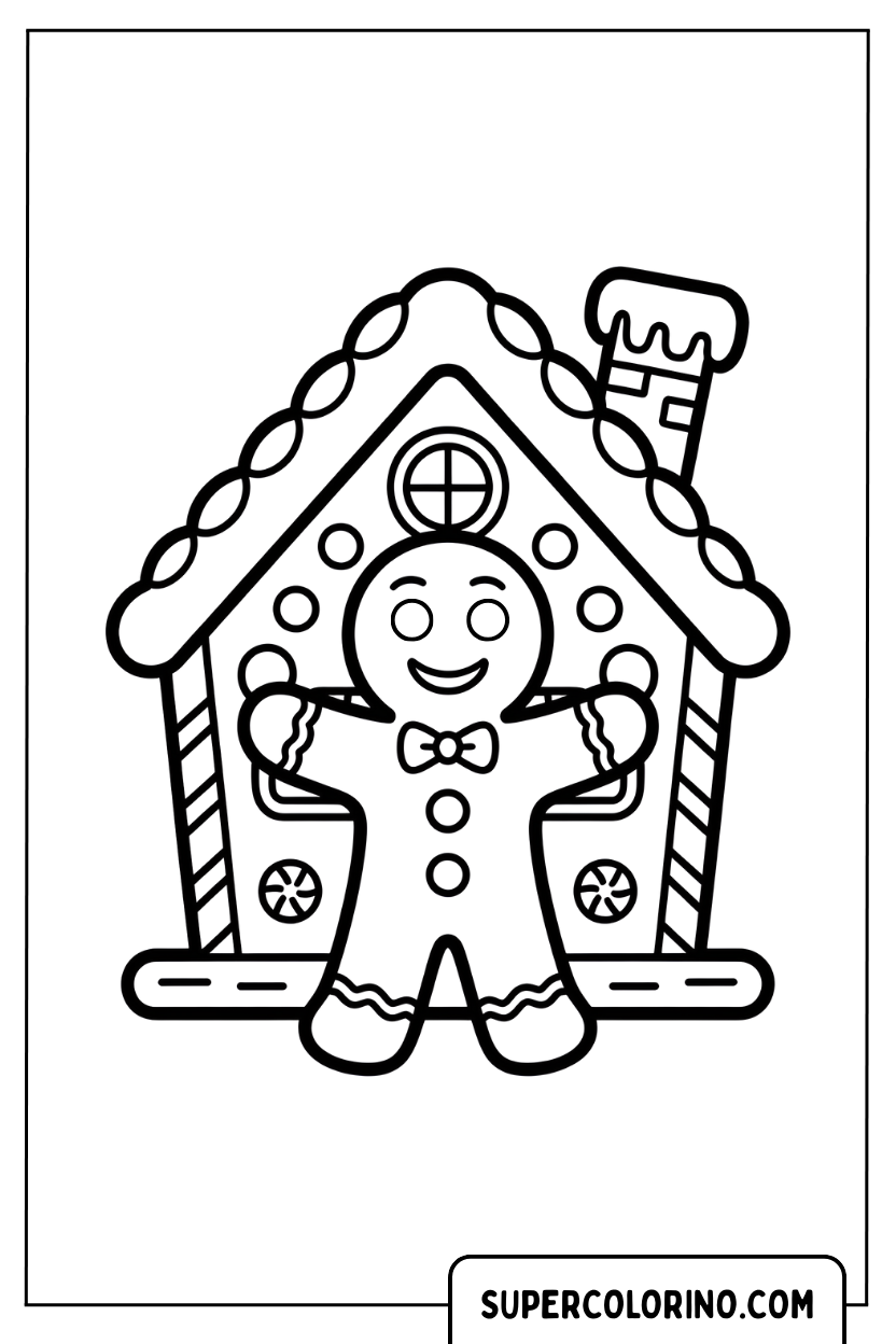 Malvorlage eines Lebkuchenmanns und eines süßen Hauses
