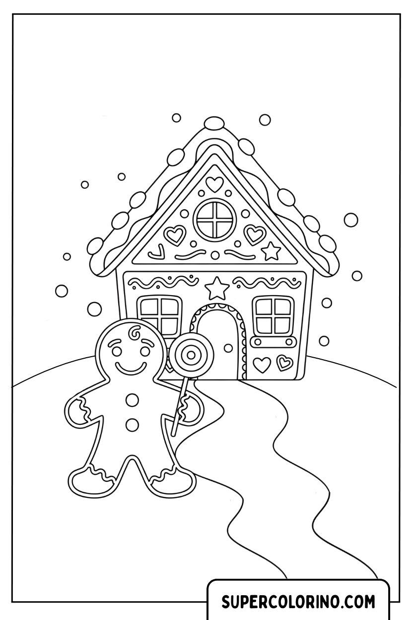 Malvorlage eines Lebkuchenmanns und seines Hauses