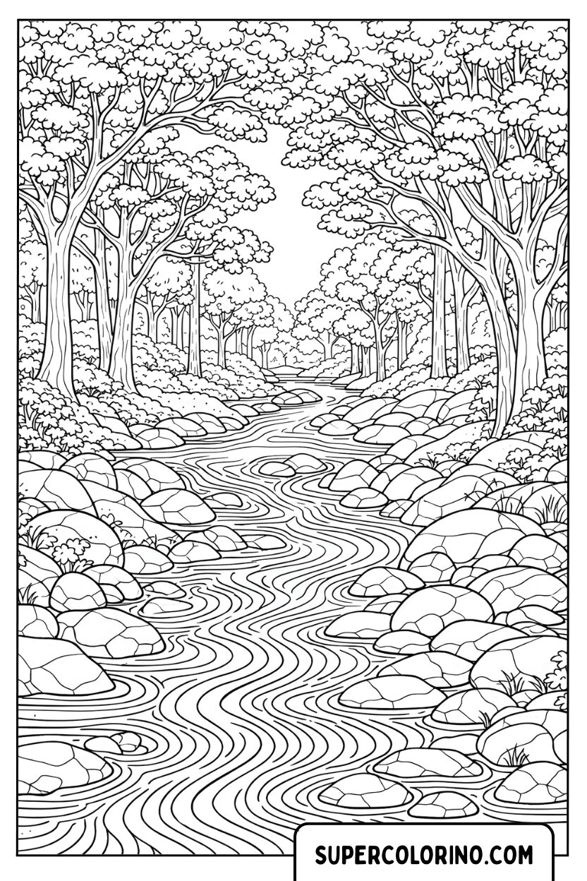 Malvorlage einer Waldlandschaft mit Bach für Erwachsene
