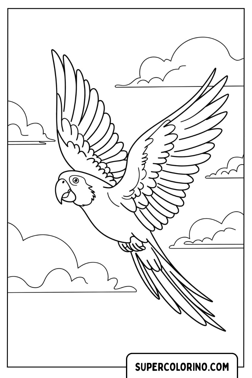Coloriage d'un perroquet volant dans le ciel