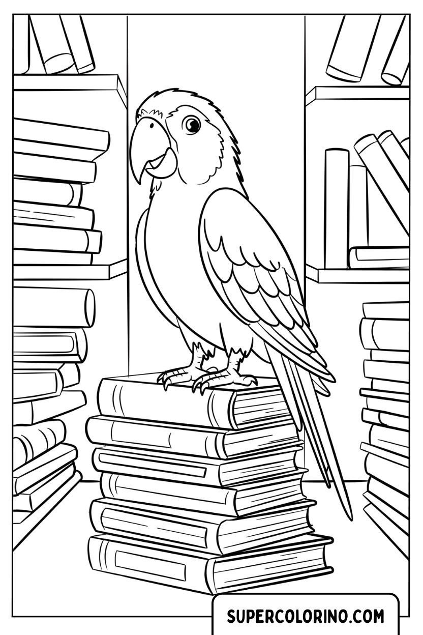 Coloriage d'un perroquet dans la bibliothèque