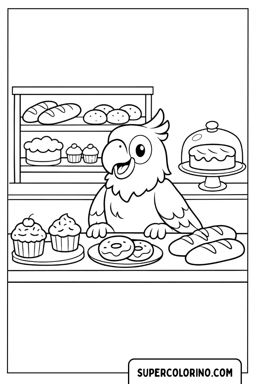 Coloriage d'un perroquet dans la pâtisserie